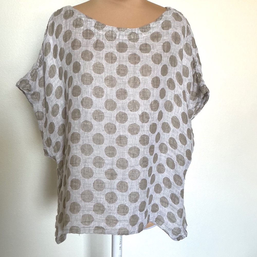 FLAX Linen Polka Dot Boxy Top Small Taupe Lagenlook Artsy Short Sleeve - Picture 2 of 11